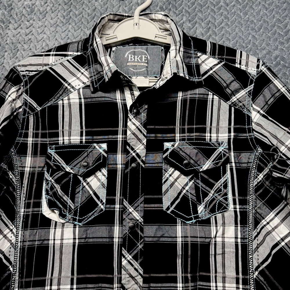 BKE Plaid Shirt Men's Small Western Pearl Snap Black Gray Turquoise Adjustable
